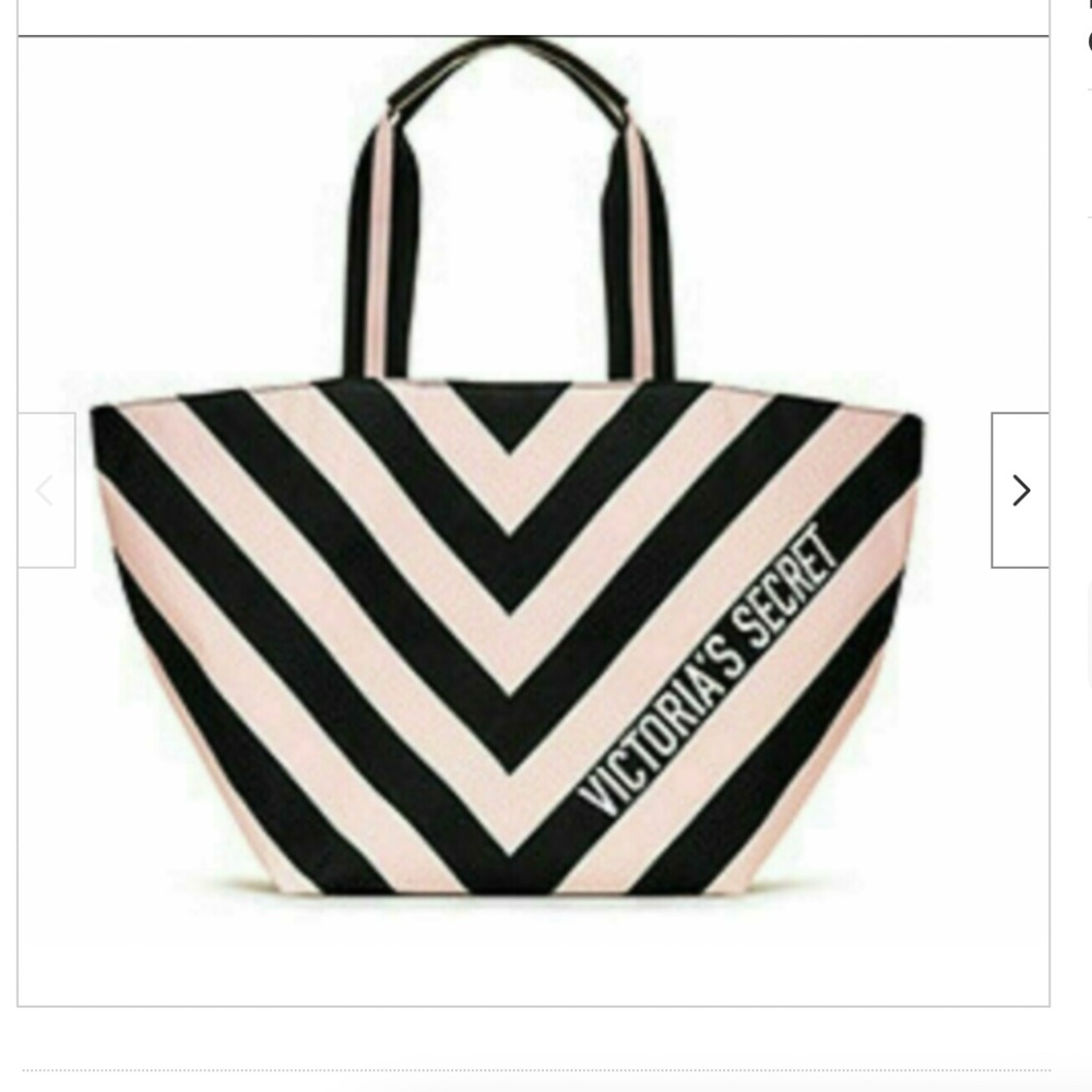 NWT Victoria's Secret  Pink/Black Diagonal Canvas Large Tote Bag Shopper - Picture 2 of 4